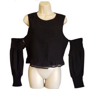 Bebe Vintage Smocked Cold Shoulder Long Sleeve Top